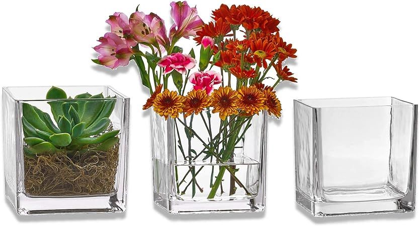 PARNOO Set of 3 Glass Square Vases 5 x 5 Inch – Clear Cube Shape Flower Vase, Candle Holders - ... | Amazon (US)