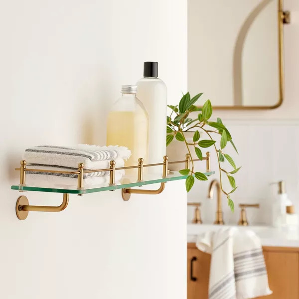 24" Decorative Glass Wall Shelf with Brass Rail - Hearth & Hand™ with Magnolia: No Assembly, Wa... | Target