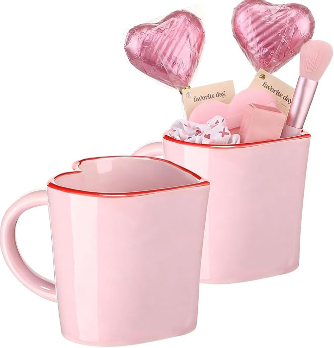 Vesici Set of 2 Valentine's Day Mugs Gift 12.5 oz Heart Shaped Ceramic Mugs with Red Rim Pink Cof... | Amazon (US)