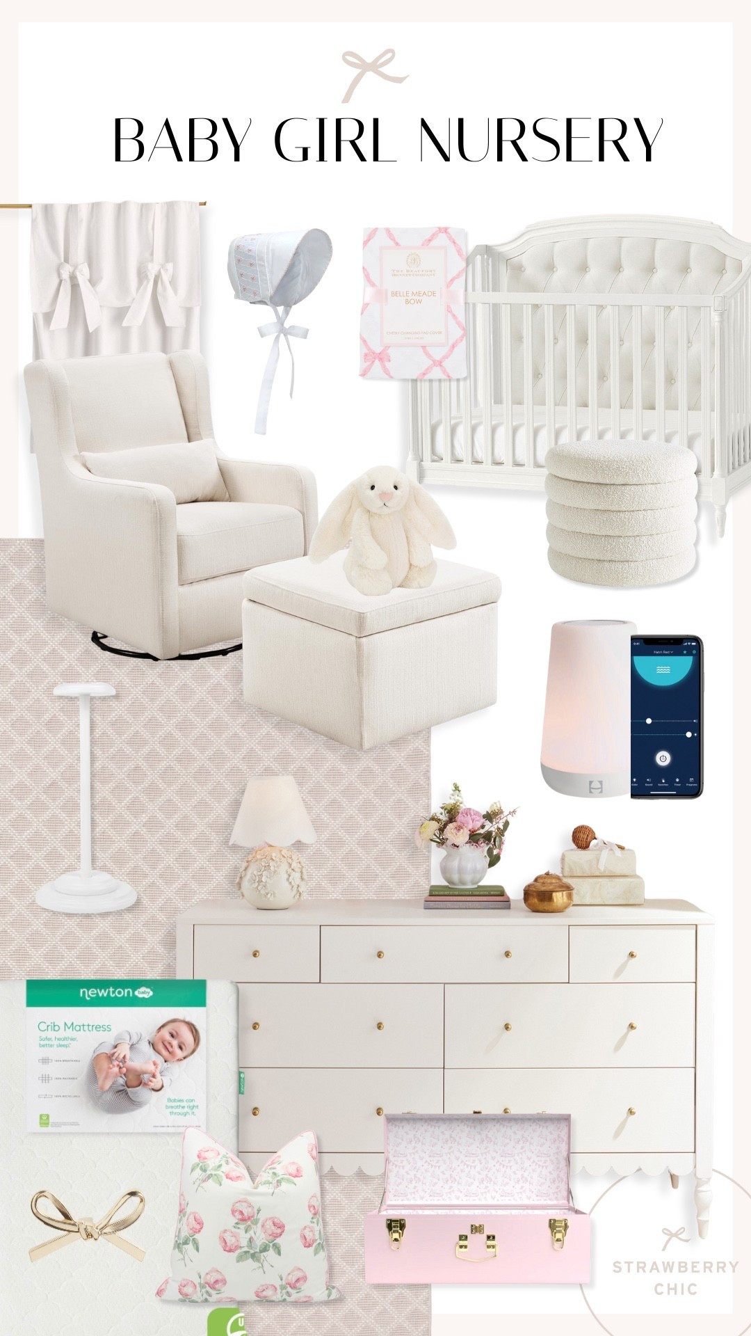Our baby girl’s nursery features soft neutrals, pink accents, and classic white furniture for a timeless look. The tufted crib, glider chair, and scalloped dresser create a cozy and elegant space perfect for newborn essentials. With a Newton breathable crib mattress, Hatch Rest sound machine, and feminine nursery decor, this setup blends comfort and style for your baby girl’s room.