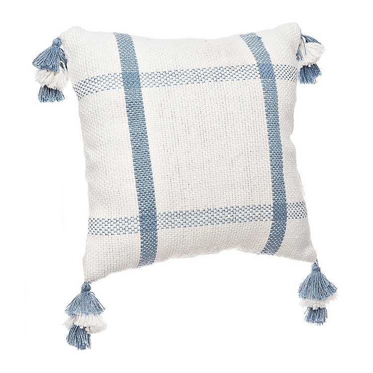 New! Blue and White Check Pillow with Tassels | Kirkland's Home