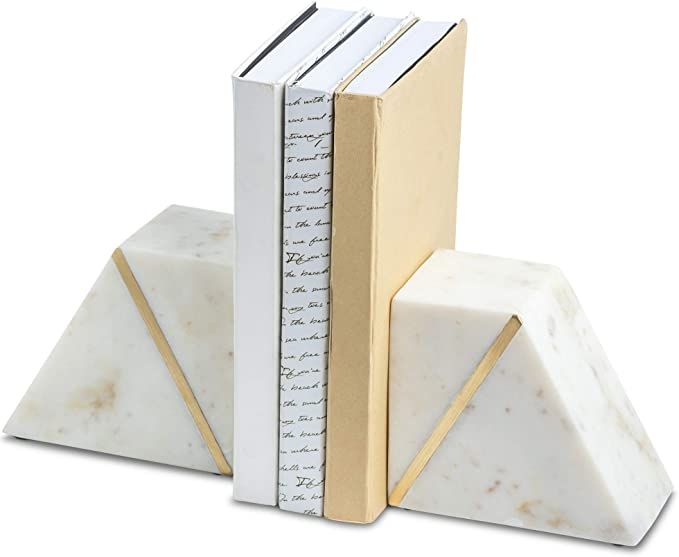 Cork & Mill Marble Bookends - Set of 2 Heavy Decorative Book Stoppers with Non-Skid Bottom - Hand... | Amazon (US)