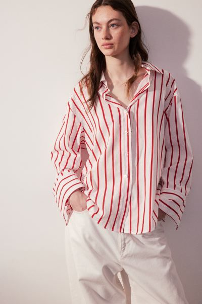 Linen-blend shirt - Long sleeve - Regular length - Light beige/Striped - Ladies | H&M GB | H&M (UK, MY, IN, SG, PH, TW, HK)