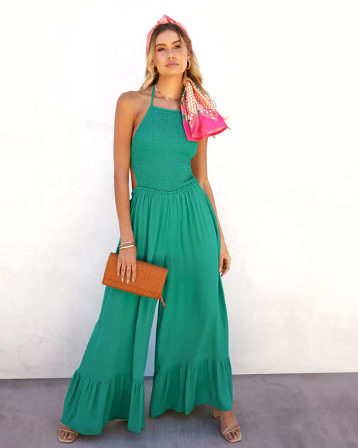 Bohdi Smocked Halter Pocketed Jumpsuit - Green | VICI