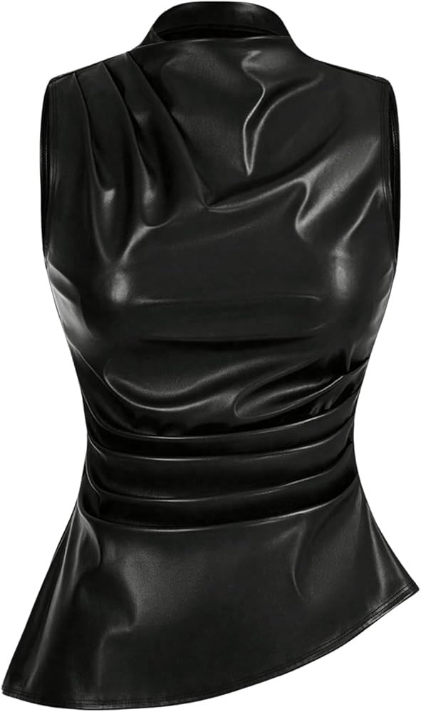 MakeMeChic Women's PU Leather Tank Top Mock Neck Y2k Ruched Party Sleeveless Leather Tops | Amazon (US)