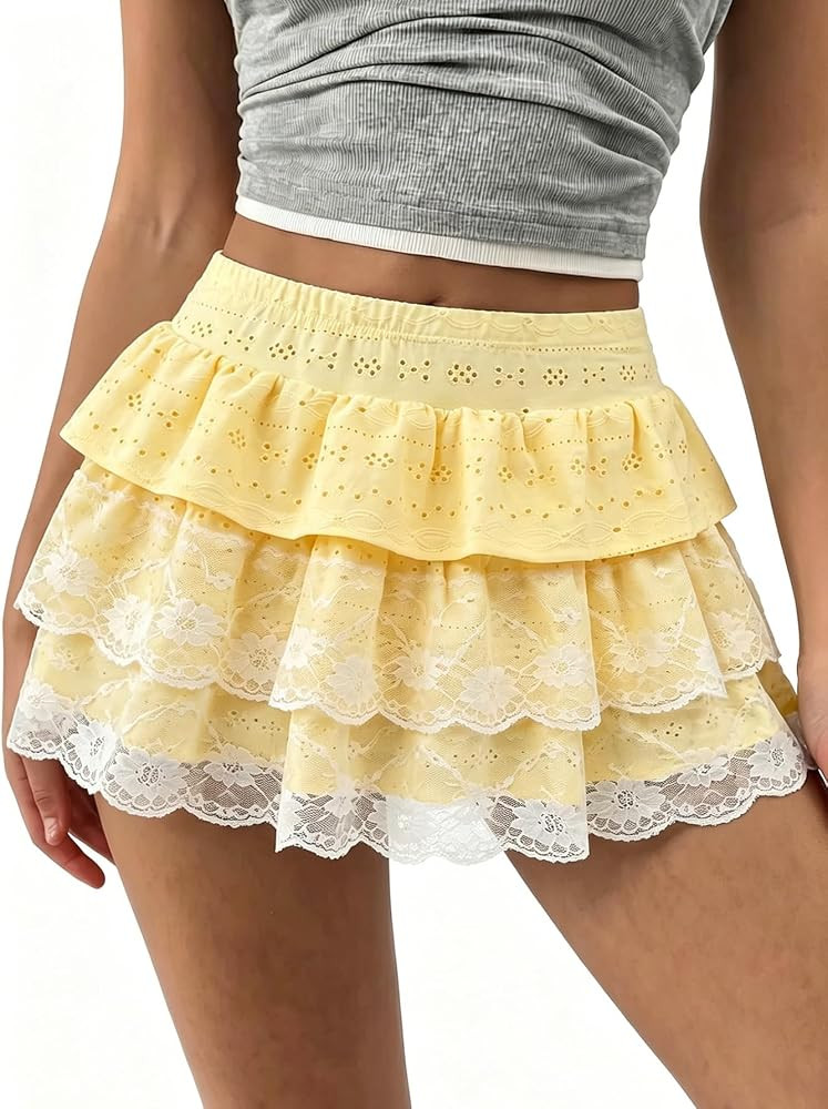 Women's Y2K Lace Mini Skirt Ruffle Layered Tiered Skirts with Shorts High Waisted A Line Skort | Amazon (US)