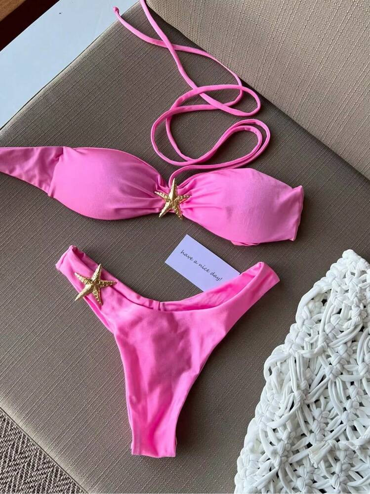New Arrival Spring/Summer Sexy Casual Halter Starfish Women Bikini Swimwear, Beach Holiday Party Date Vacation Pink | SHEIN