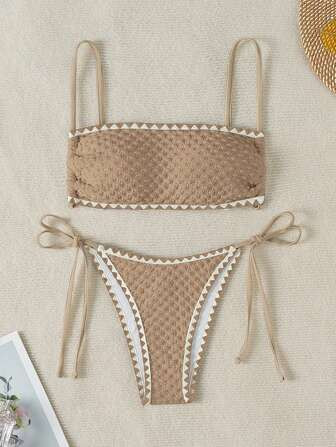 SHEIN Swim Summer Beach Women's Simple Solid Color Two-Piece Swimwear With Sawtooth Trim Decorati... | SHEIN