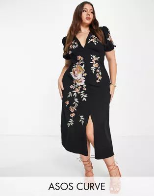 ASOS DESIGN Curve ultimate midi tea dress with collar and floral embroidery in black | ASOS (Global)