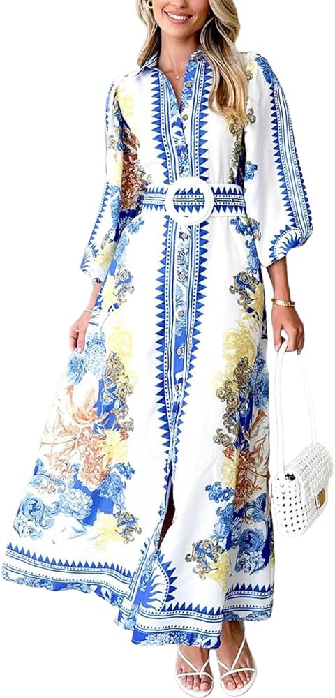 Floral Dress for Women 2026 Summer Boho Maxi Dresses Casual Long Sleeve Button Down Tie Waist Shi... | Amazon (US)