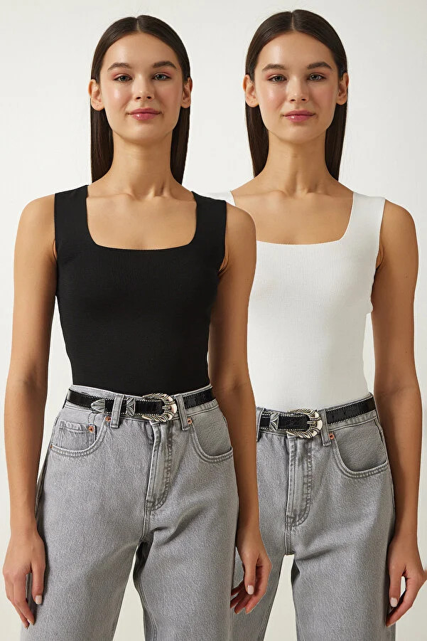 Happiness İstanbul Schwarz-weiße Damen-Strickbluse mit quadratischem Kragen und dicken Trägern... | Trendyol DE