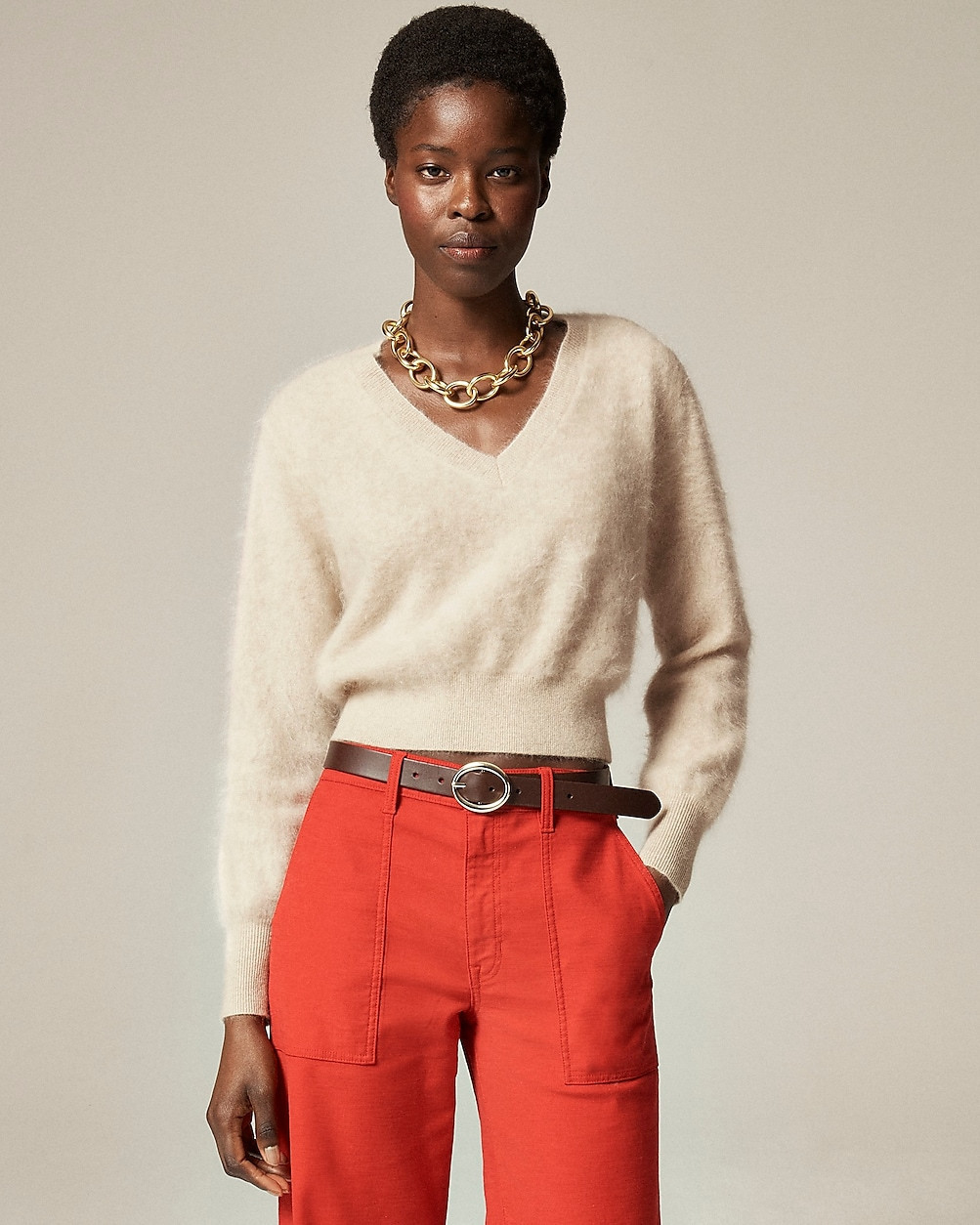 Brushed cashmere cropped V-neck sweater | J. Crew US