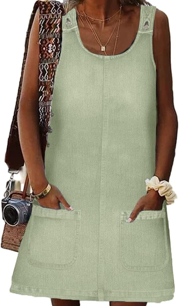 BZB Women's Sleeveless Casual Denim Dress Crewneck Vintage Overall Mini Dress with Pockets | Amazon (US)