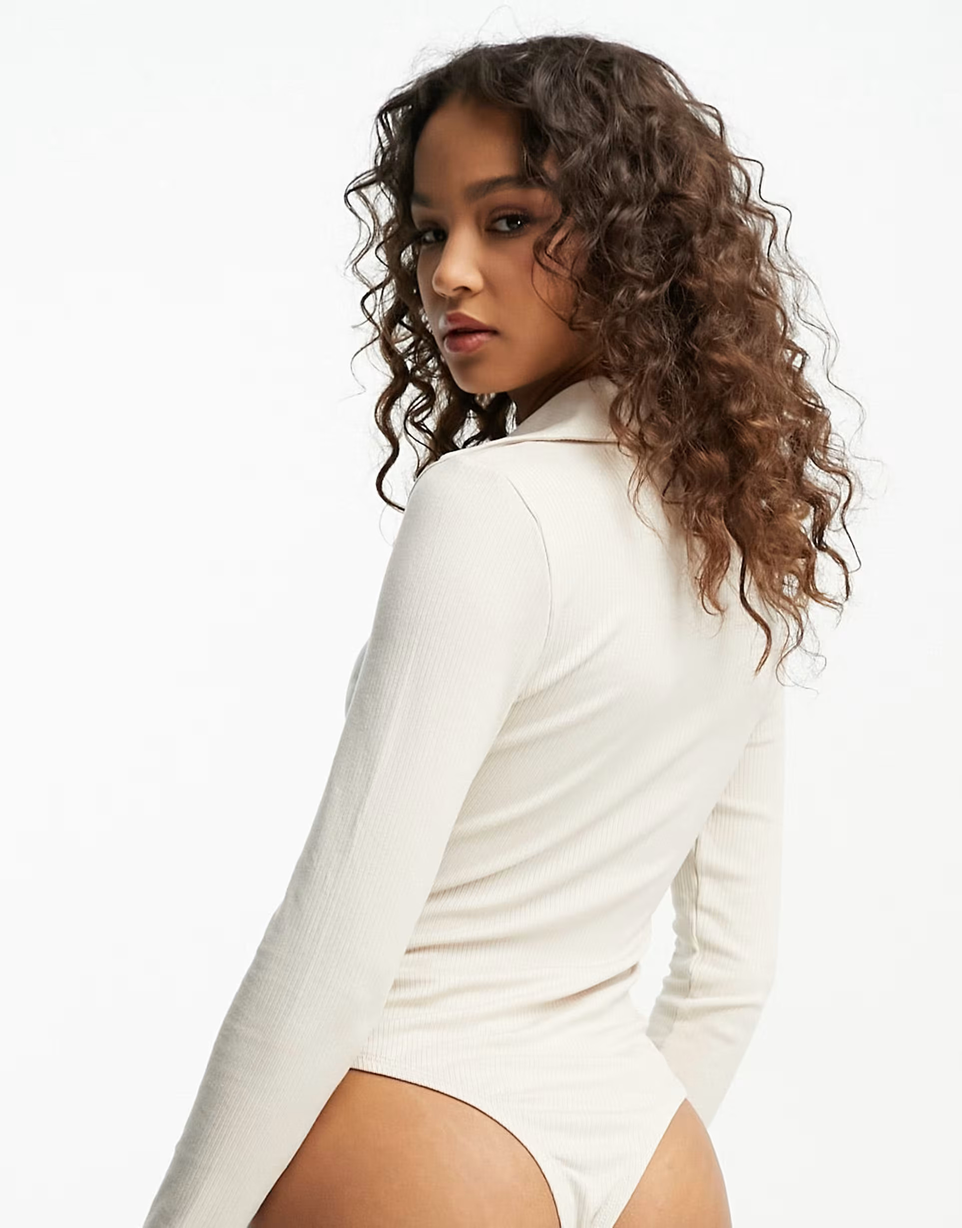 Glamorous long sleeve ribbed bodysuit with collar in oatmeal | ASOS (Global)