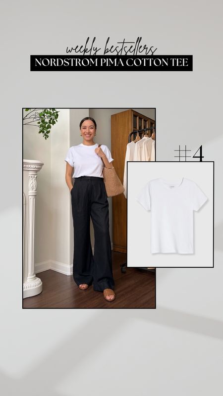 #4 bestseller - Nordstrom Pima cotton crew neck 

• tee - a nice, relaxed tee that’s not too short or long, great wardrobe staple 
• Abercrombie linen tailored pants 

#LTKSeasonal