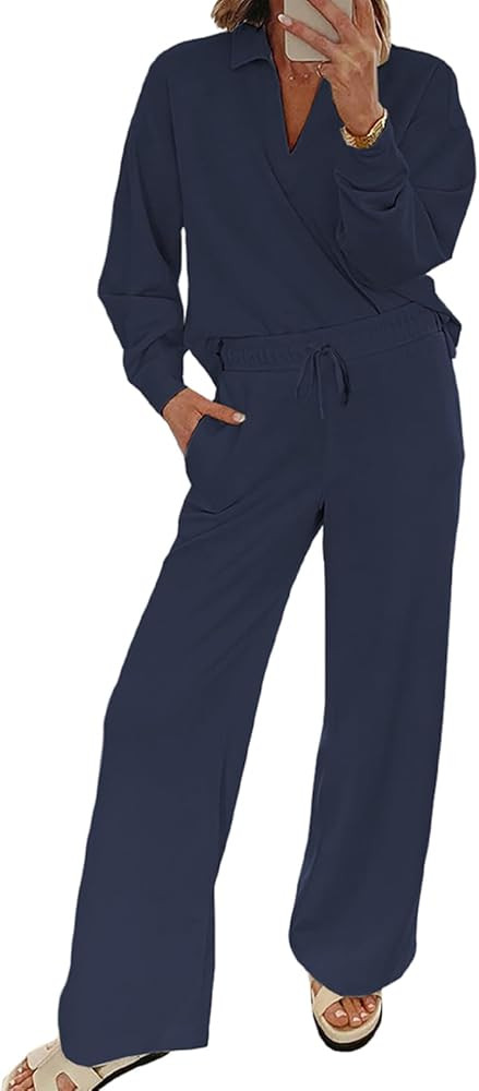 EVALESS Two Piece Sets for Women Lounge Sets Casual V Neck Sweatshirt and Wide Leg Sweatpants Mat... | Amazon (US)
