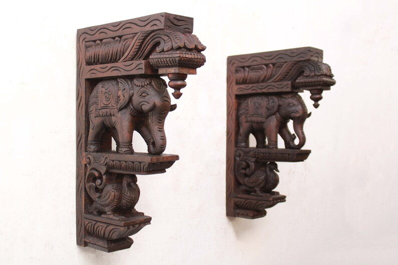 Elephant Statue Wooden Wall Bracket Corbel Pair Asian / Indian Elephant Sculpture Vintage Home De... | Etsy (US)