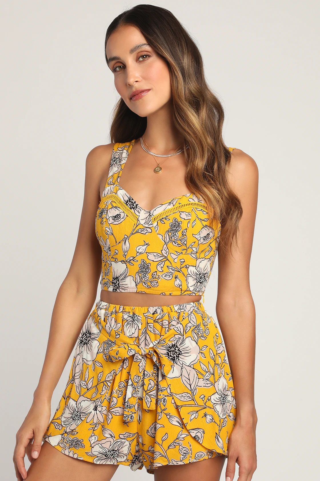 Flowers Bloom Yellow Floral Print Two-Piece Sleeveless Romper | Lulus (US)
