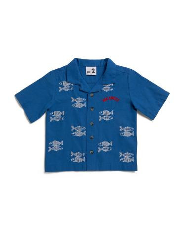 Toddler Boys Linen Blend Fish Embroidered Cabana Shirt | TJ Maxx