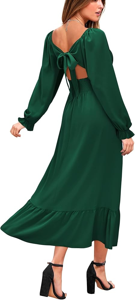 VOTEPRETTY Women's Puff Sleeve Bridal Shower Flowy Tie Back Long Dresses | Amazon (US)