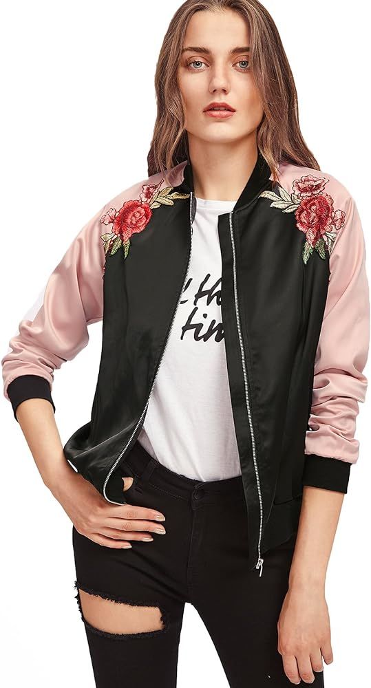 Floerns Women's Casual Short Embroidered Floral Bomber Jacket | Amazon (US)