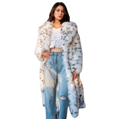 EDGBI Women's Faux Fur Lapel Coat Warm Luxury Fluffy Leopard Cardigan Long Outwear with Pockets for Wedding Evening Winter White L | Amazon (US)