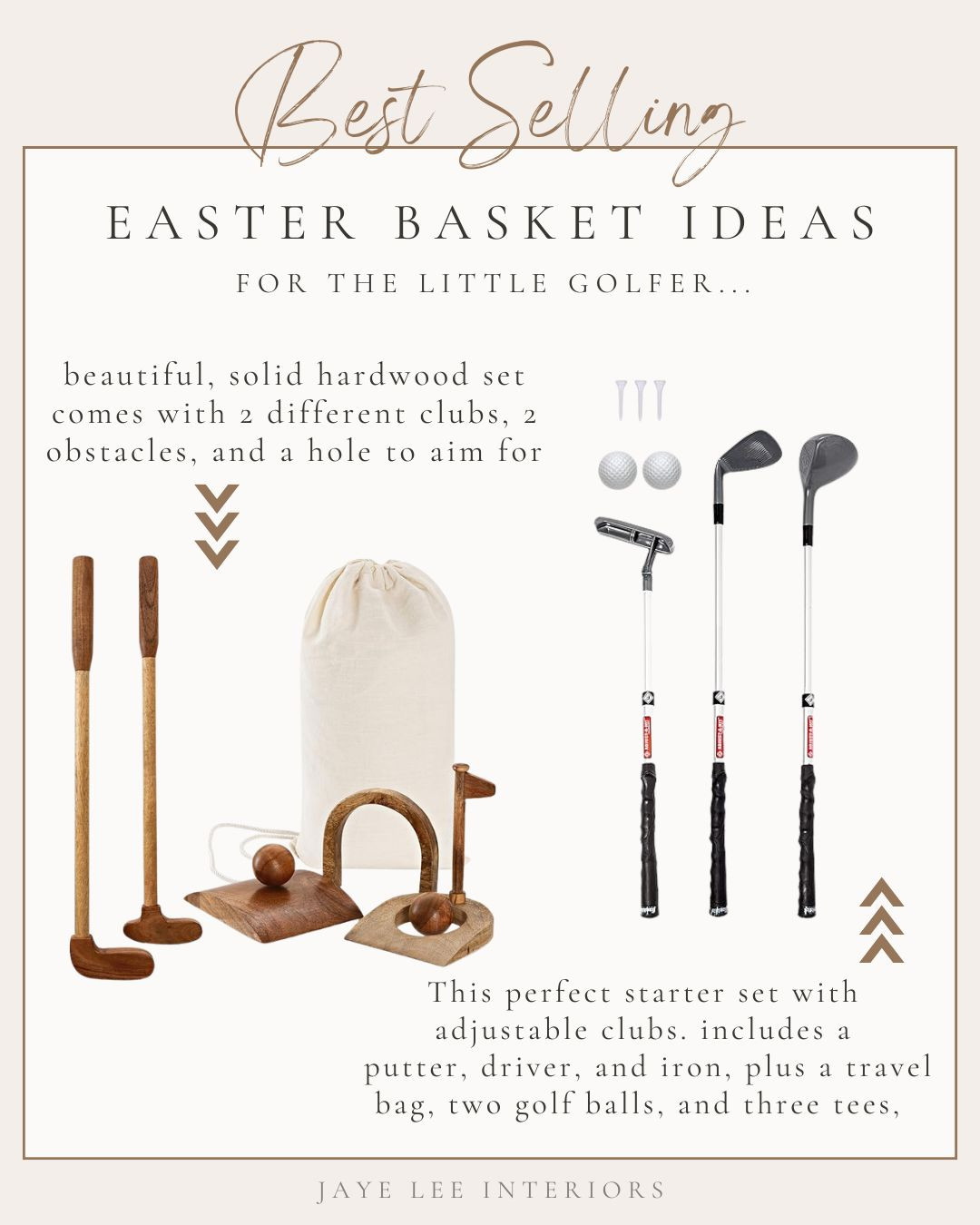 Some of the best sellers on my Toddler Easter Basket Idea Posts are these adorable little golf play sets. Ideal for girls and boys who want to play alongside mom, dad, grandma or grandpa! Can be played indoors or out, and great for building interest in the sport and developing coordination. All sets available through amazon. 
Easter is April 20th. Little boy Easter basket, toddler boy Easter, Baby girl, Toddler girl easter basket, baby boy Easter, Easter basket ideas:  toddler toys, wood toys, aesthetic toys, Easter basket for kids, spring baby shower gifts, boy's Easter basket, Easter gift guide, Easter gift ideas, best-sellers, top-selling easter ideas, my favorite finds for Easter baskets this year! Amazon Easter basket, toddler gift guide, 



 

 #LTKSeasonal #LTKKids #LTKFamily