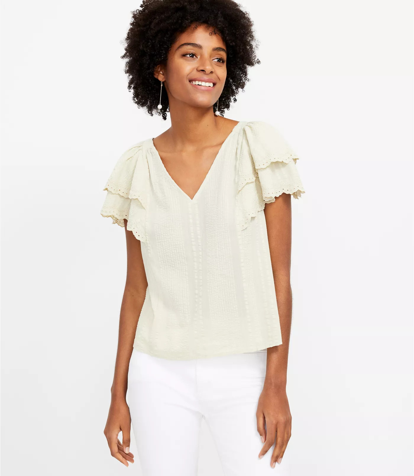 Striped Flutter Sleeve V-Neck Top | LOFT
