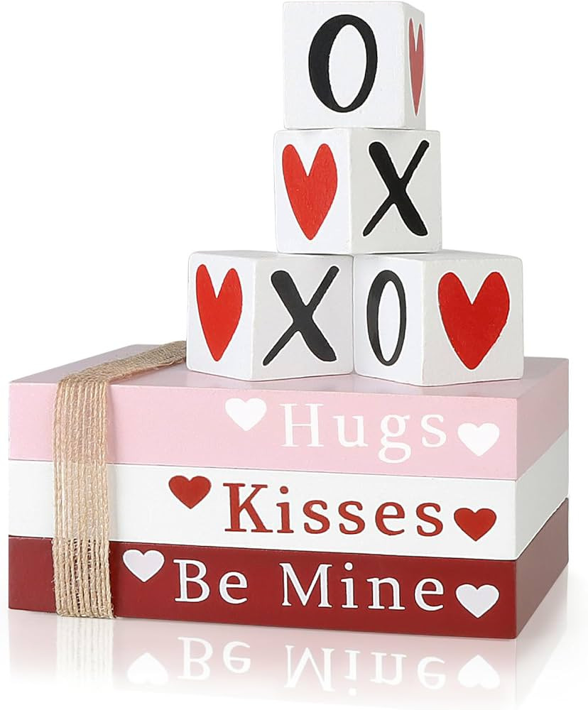 Valentines Day Decor, Wooden Book Stack with 4 XOXO Signs - Valentines Day Decorations for The Ho... | Amazon (US)