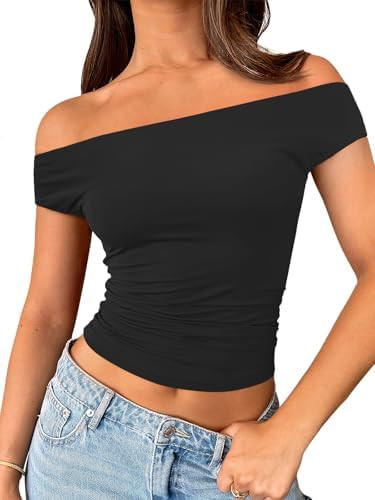 Trendy Queen Off The Shoulder Tops for Women Going Out Y2K Summer Cute Shirts Sexy 2026 Double Li... | Amazon (US)