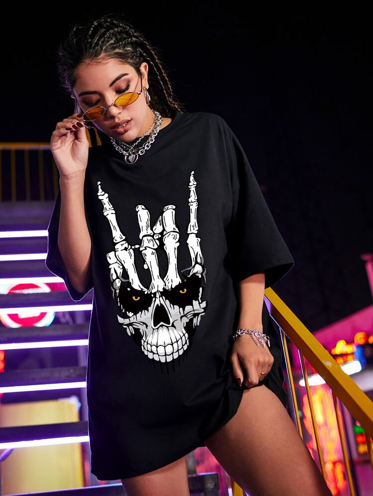 Skull Print Drop Shoulder Oversized Tee | SHEIN