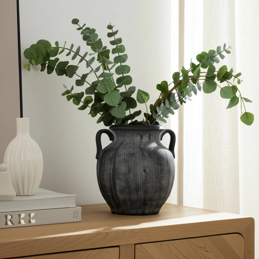 Stoneware Dolomite Vase with Ribbed Texture and Dual Side Handles for Casual Home Decor Transitio... | Wayfair North America