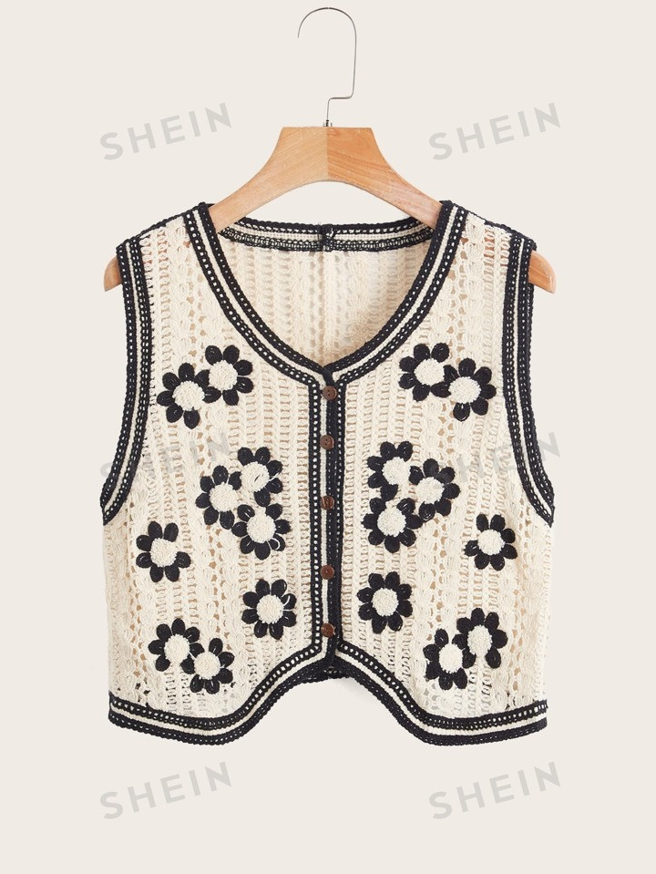 SHEIN VCAY Floral Pattern Pointelle Knit Sweater Vest | SHEIN