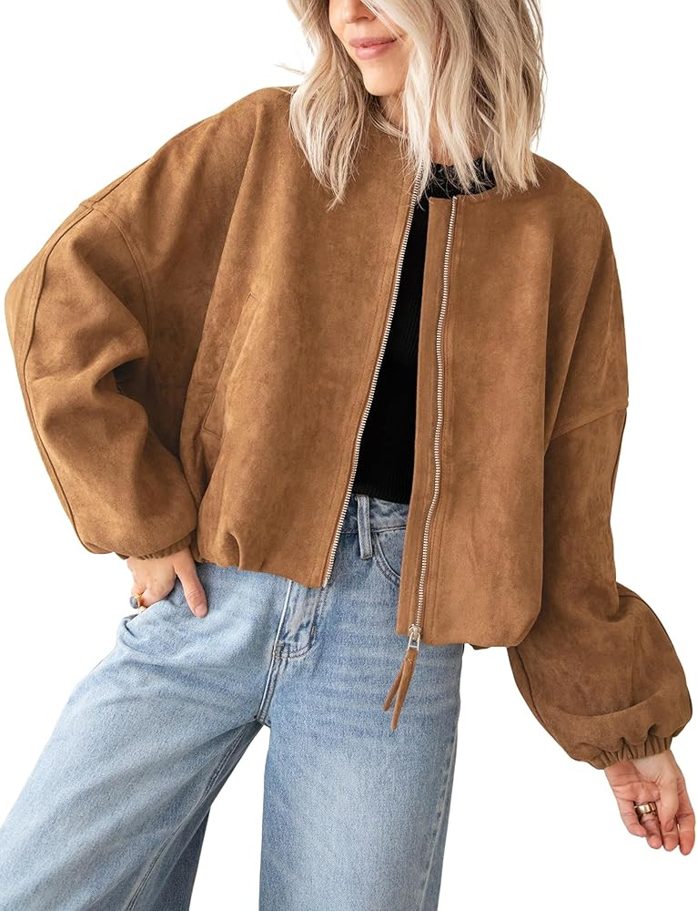 Tanming Womens Faux Suede Leather Jacket Casual Oversized Long Sleeve Zip Up Bomber Jackets Coats Outerwear | Amazon (US)