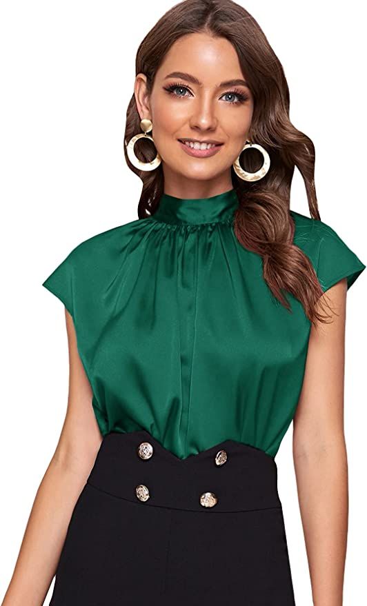 SOLY HUX Women's Mock Neck Satin Silk Short Sleeve Shirt Tie Back Work Blouse Casual Top | Amazon (US)