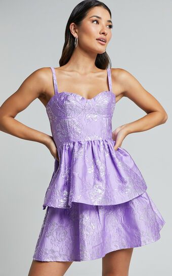 Nikkita Mini Dress - Shoulder Tie Bustier Tiered Dress in Purple | Showpo (US, UK & Europe)