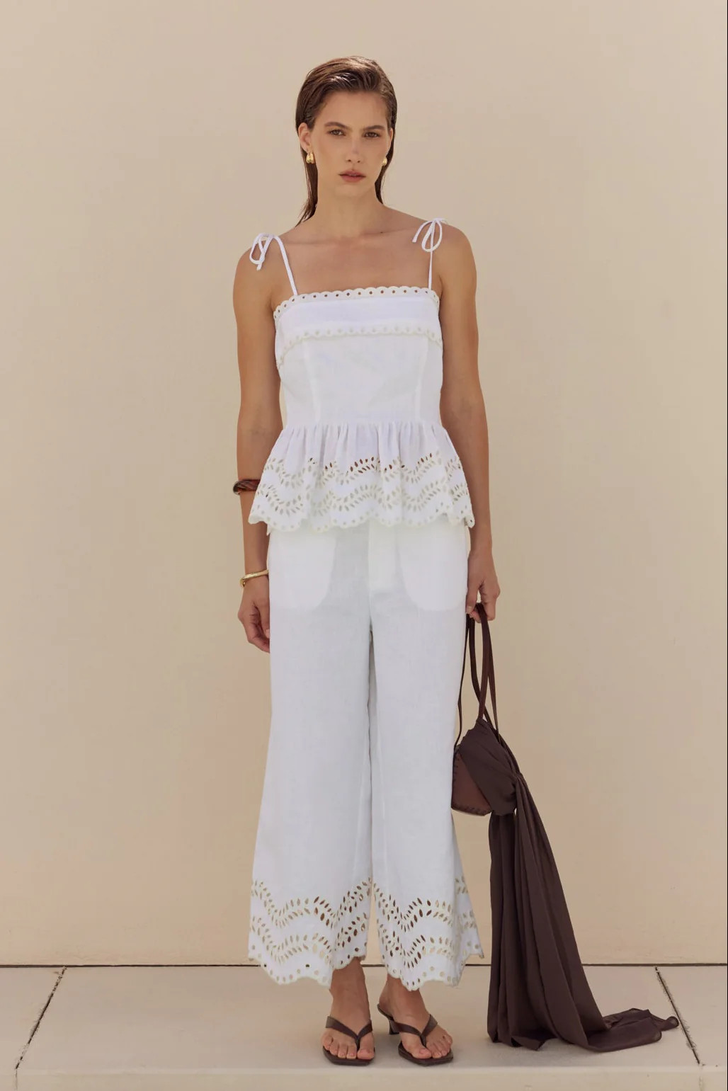Eyelet Peplum Tie-Shoulder Top | English Factory