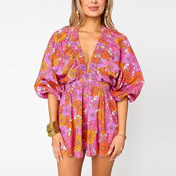 Women's Long Puff Sleeve Short Romper Summer Cute Deep V Neck Flowy Tropical Beach Vacation Plays... | Amazon (US)