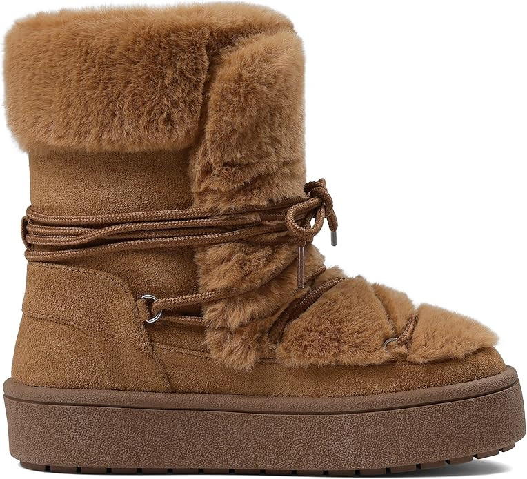 Women's Faux Fur Snow Boots 2025 Mid Calf Fuzzy Lace-up Platform Winter Booties ​Non-slip Chunk... | Amazon (US)