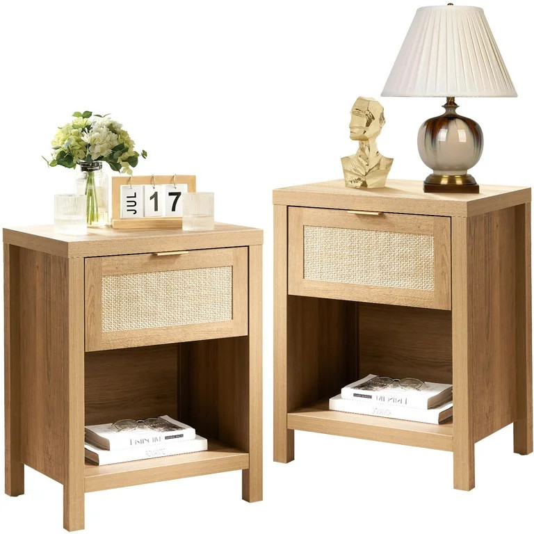 Nopurs Nightstand Set of 2,Modern Bedside Table with Rattan Drawer, Night Stand with Storage Shel... | Walmart (US)