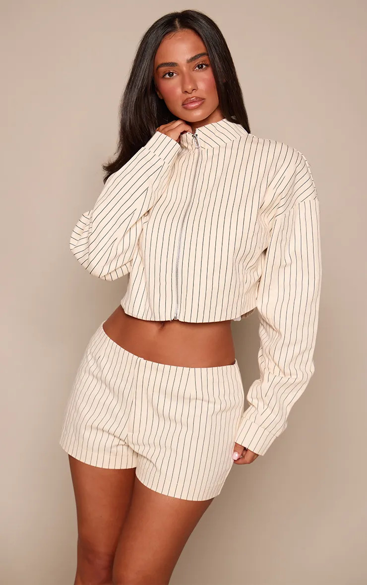 Petite Cream Pinstripe Twill Zip Up Funnel Neck Jacket | PrettyLittleThing UK
