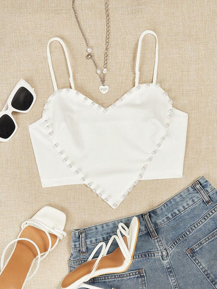 SHEIN ICON Pearls Beaded Crop Cami Top | SHEIN