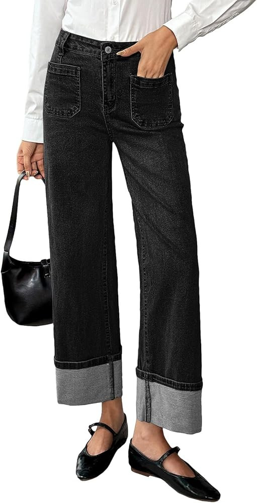 EVALESS Womens Jeans High Waisted Stretchy Cuffed Wide Leg Denim Pants with Pockets | Amazon (US)