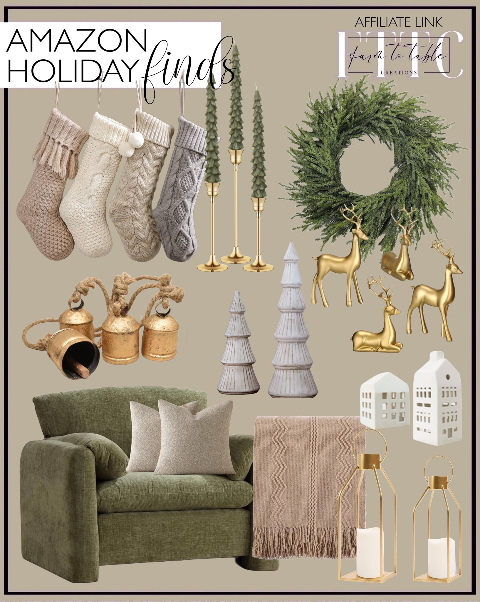 Amazon Holiday Finds. Follow @farmtotablecreations on Instagram for more inspiration.

Modern Farmhouse Lantern Decor- Gold Metal Candle Lanterns for Christmas. Norfolk Pine Wreath. Deer Statues. Pinecone Flameless Candles. Cable Knit Stockings. Christmas Tree Figurines. Tan Throw Blanket. Oatmeal Boucle Pillow Covers. Chenille Living Room Armchair. Christmas Bells. Gold Candlesticks. Creative Co-Op Unscented Tree Shaped Taper Candles, Evergreen, Boxed Set Of 2. Christmas Village Sets of 5 Lighted Ceramic Houses.    

Amazon Home. Amazon Christmas. Christmas Living Room. Christmas Decor. Christmas Finds. Christmas Decor. Amazon. Amazon Home Finds. Gallery Wall. Gallery Wall Frames. Entryway Decor. Entryway Bench. 

#LTKSaleAlert #LTKHome #LTKFindsUnder50