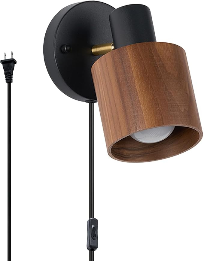 Modern Black Plug-in Wall Lamp - Real Walnut Wood Shade with Adjustable Directional Lighting, Ind... | Amazon (US)