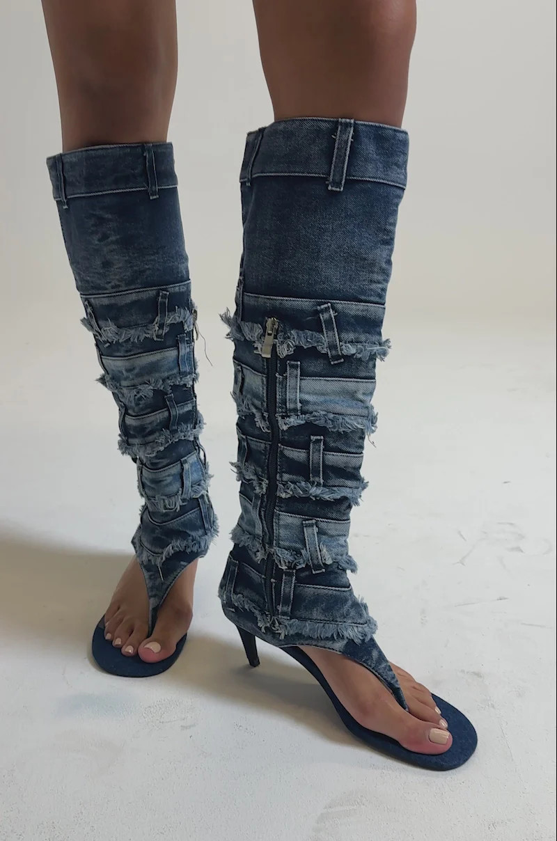 AKIRA GOLD MAHONEY DENIM PANT DETAIL GLADIATOR STILETTO | AKIRA
