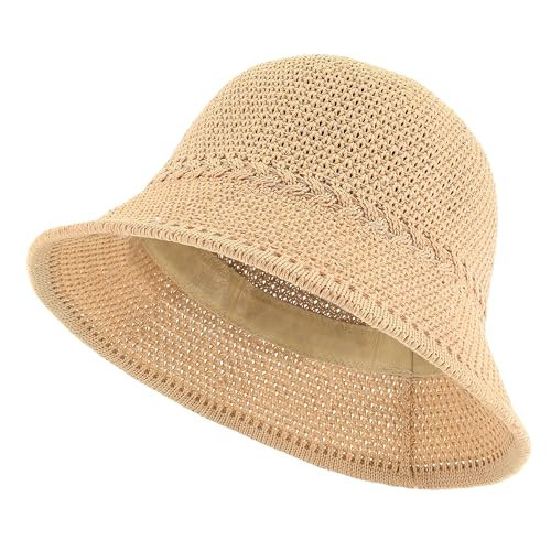 Women's Crochet Bucket Hat, Faux Straw Weaving Sun Hat Packable Mesh Woven Soft Lightweight Beach Hat for Spring Summer Fall Khaki | Amazon (US)