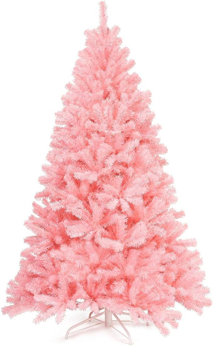 Goplus 6ft Unlit Pink Artificial Christmas Tree, Hinged Spruce Full Tree with Metal Stand, 100% N... | Amazon (US)
