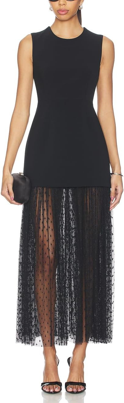 Women Sleeveless Sheer Lace Mesh Ruffles Maxi Dress Cocktail Party Dress | Amazon (US)