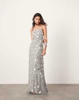 ASOS EDITION embellished sheer flower drop jewel maxi dress with low back in silver | ASOS (Global)